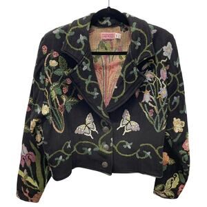 Claire Murray Tapestry Blazer Butterflies Garden Floral Black Green Pink M USA